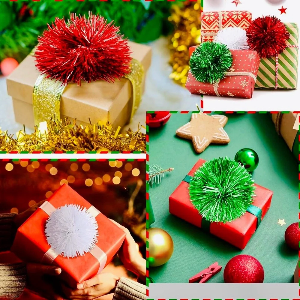 4 Red Metallic Pom Pom Bows for Party Gift Wrap